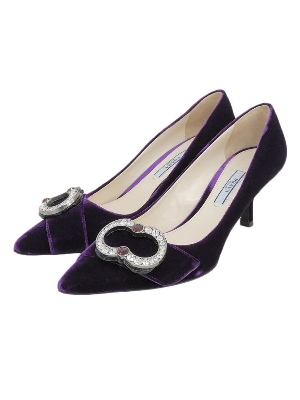 Prada Velvet Crystal Bijoux Buckle Mules Pumps Purple Heel 37